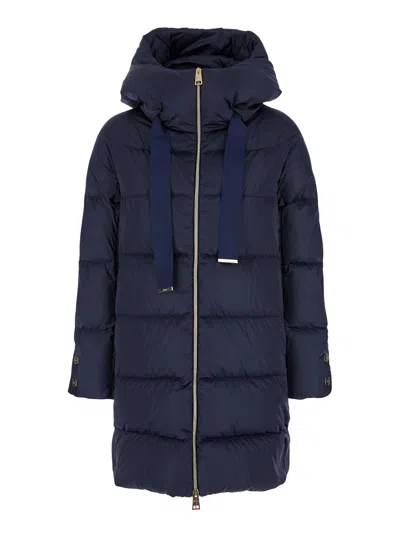 HERNO LONG BLUE DOWN JACKET WITH HOOD IN SATIN WOMAN