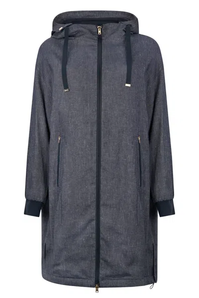 Herno Long Blue Jacket With A Large Hood