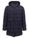 Herno Long Quilted Down Jacket With Hood And Flap Pockets In Blue