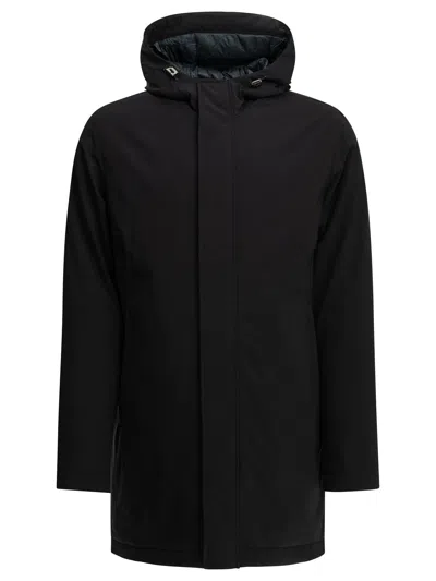 Herno Long Down Jacket In Stretch Twill In Black