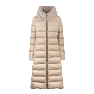 Herno Long Down Jacket With Faux Fur Collar In Neutral