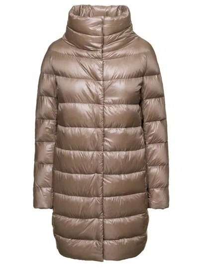 Herno Long Down Jacket With Funnel Neck And Relaxed Fit In Brown