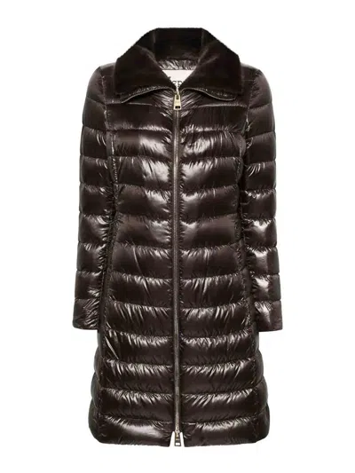 Herno Long Down Jacket With Fur Collar Dark Brown In Black