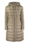 Herno Elegant Long Down Jacket With Wool-textured Sleeves In Beige
