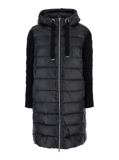 Herno Long Down Jacket With Wool Sleeves In Black