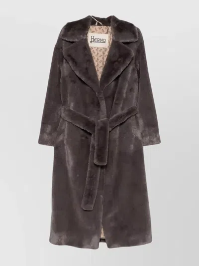HERNO LONG FAUX FUR COAT WITH BELTED WAIST