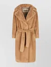 Herno Long Faux Fur Coat With Belted Waist In Brown