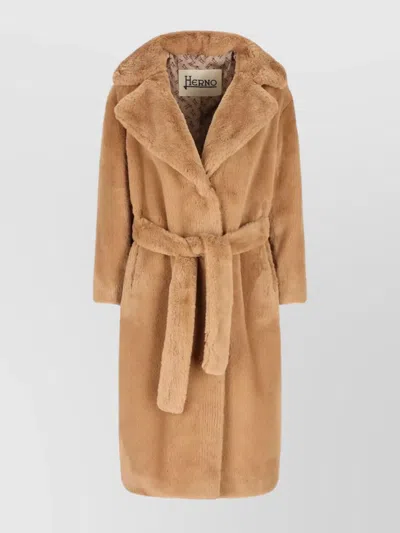 Herno Long Faux Fur Coat With Belted Waist In Brown