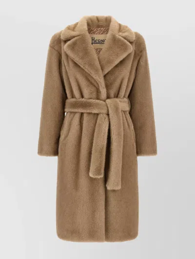 HERNO LONG FAUX FUR COAT WITH BELTED WAIST