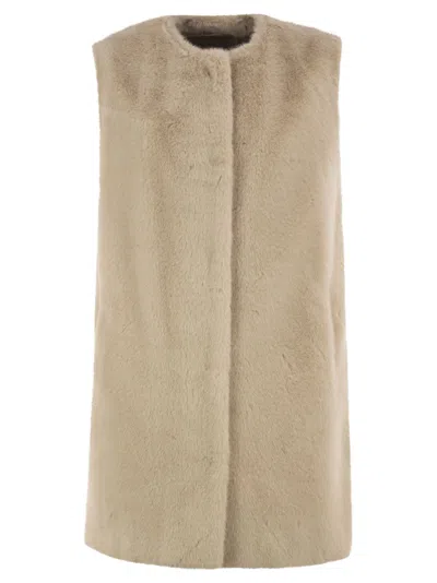 Herno Long Faux Fur Effect Gilet With Round Neckline In Neutral