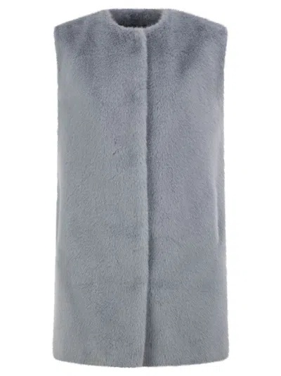 Herno Long Faux Fur-effect Gilet With Round Neckline In Light Blue