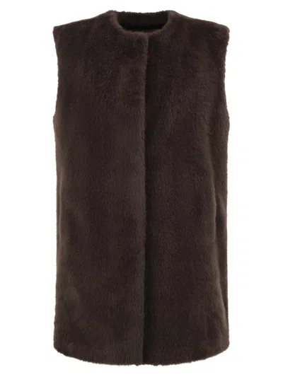Herno Long Faux Fur-effect Gilet With Round Neckline In Brown