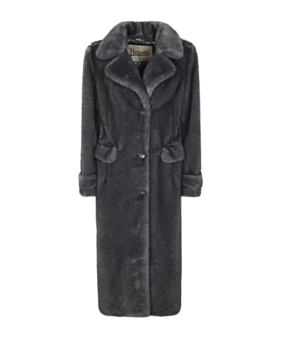Herno Long Faux Fur Coat With Notched Lapels In Black