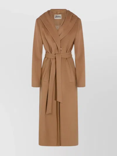 HERNO LONG HOODED COAT WITH BELT AND POCKETS