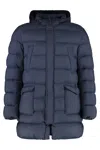 Herno Long Quilted Down Jacket With Hood And Flap Pockets In Blue