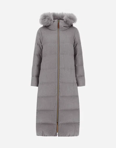 Herno Long Jacket In Cashmere, Silk And Monogram In Gray
