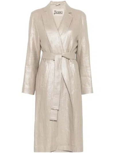 Herno Long Linen Coat With Belted Waist In Multicolor