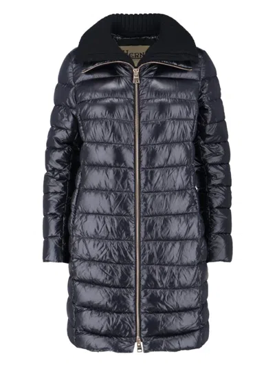 HERNO LONG NAVY PUFFER JACKET WITH REMOVABLE RIBBED COLLAR