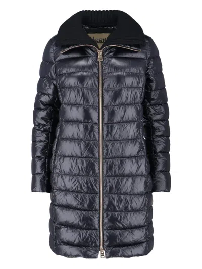 HERNO HERNO LONG NAVY PUFFER JACKET WITH REMOVABLE RIBBED COLLAR