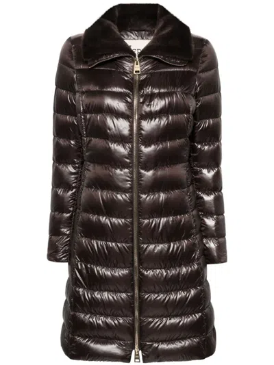 Herno Long Padded Puffer Coat With Faux Fur In Brown