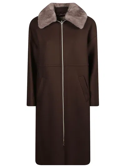 Herno Long Plush-collared Down Jacket With Straight Silhouette In Brown