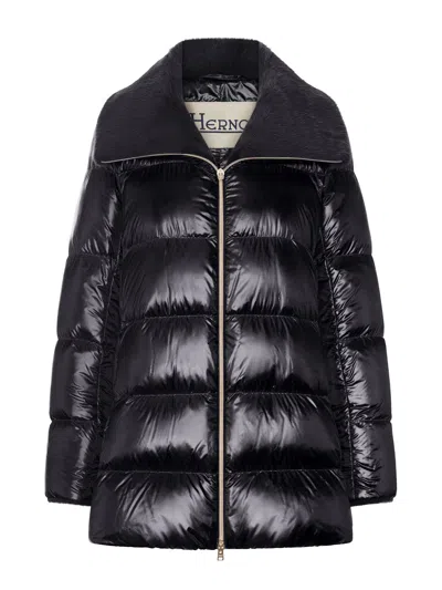 Herno Long Puffer Coat With Faux Fur Collar In Black