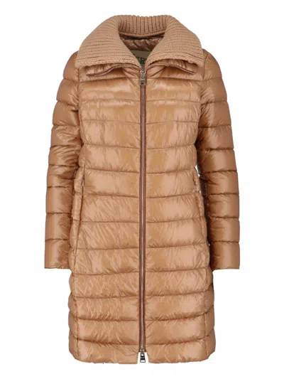 Herno Long Quilted Brown Piumino With Removable Knit Collar