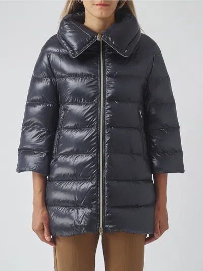 Herno Long Quilted Nylon Puffer Coat With Funnel Neck And Zip Closure In Blue