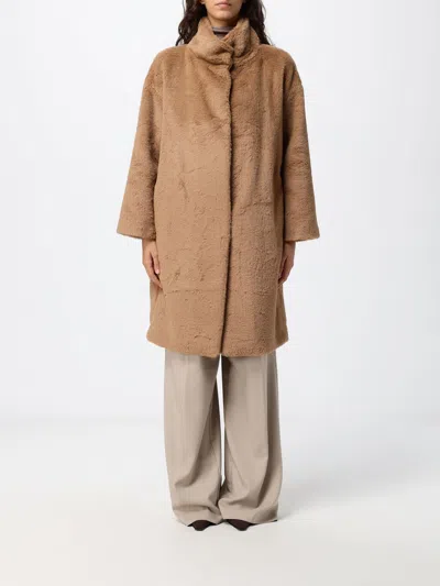 Herno Long Single-breasted Faux Fur Coat With High Neck In Brown