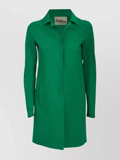 Herno Long Sleeve Coat With Notch Lapel And Side Pockets In Green