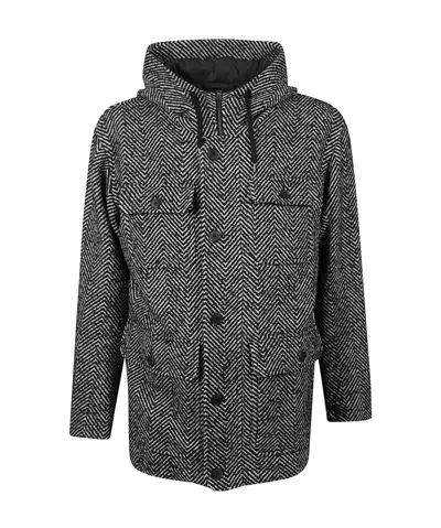 Herno Black Herringbone Pattern Coat With Structured Silhouette In White