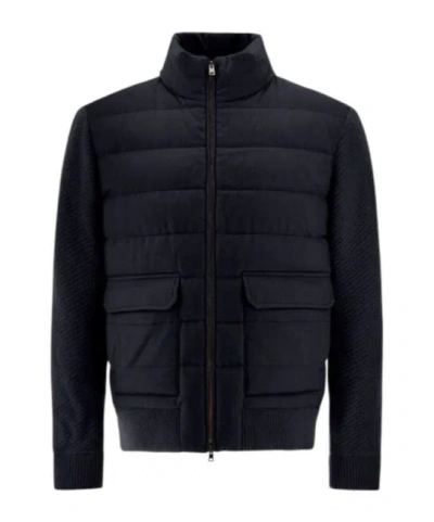 Herno Bomber Jacket In Cashmere, Silk And Knit In Navy Blue