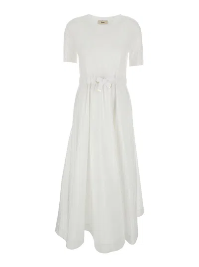 Herno Long Tech Fabric Dress With Front Bow And Crew Neck In White