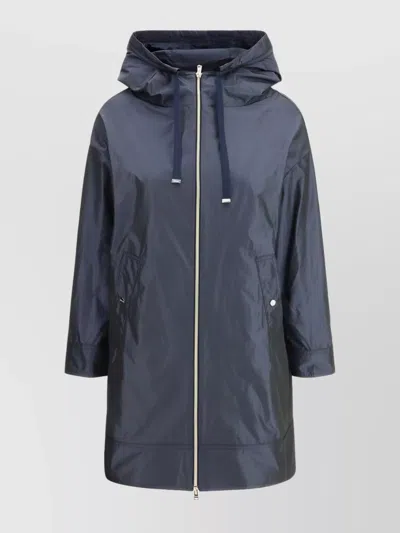 Herno Long Waterproof Hooded Jacket With Elastic Waistband In Blue