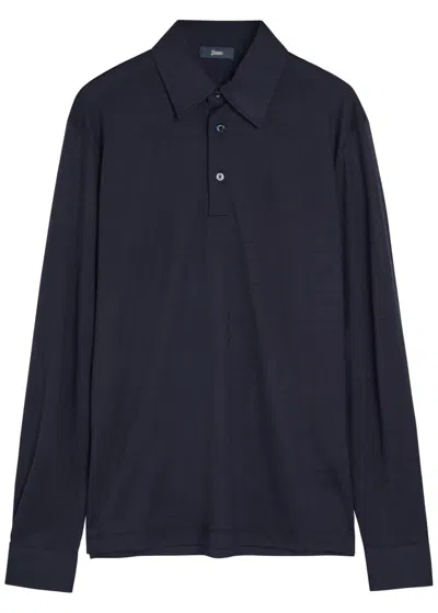 Herno Long-sleeve Wool-jersey Polo Shirt In Blue