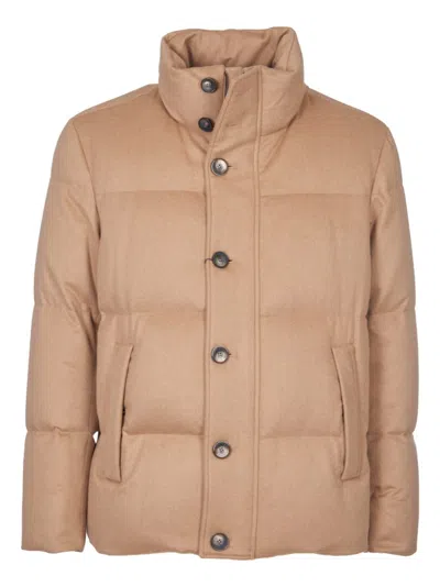 Herno Luxurious Camel Down Jacket With Hidden Zip Closure And Snap Button Pockets In Brown