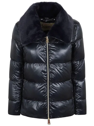 Herno Ultralight Nylon Down Jacket And Lady Alternative Fur In Blue