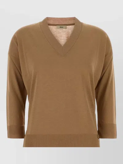 Herno Lyocell Blend V Neck Ribbed Top In Brown