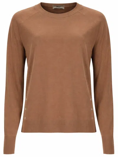 Herno Long-sleeved Lyocell Crewneck Jumper With Decorative Buttons In Brown