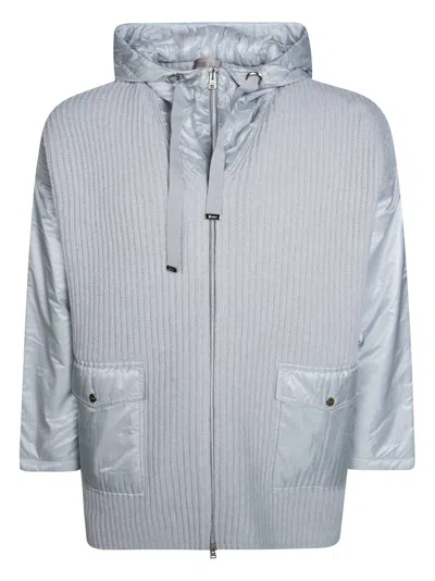 Herno Mantella In Lana Con Cappuccio Silver Ribbed Knit Cape In Blue