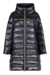 Herno Matilde Hooded Long Length Shiny Finish Quilted Jacket In Blue