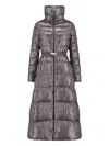 Herno Belted High Collar Long Quilted Shiny Jacket In Gray
