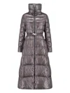 Herno Belted High Collar Long Quilted Shiny Jacket In Gray