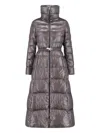 Herno Belted High Collar Long Quilted Shiny Jacket In Gray