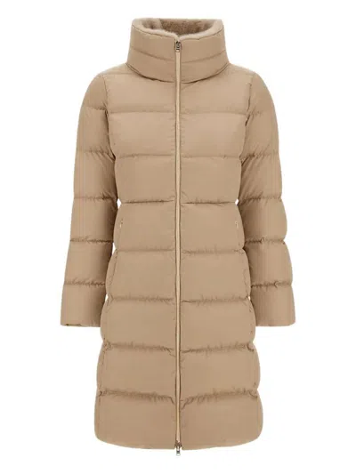 Herno Satin And Lady Alternative Fur Long Jacket In Brown