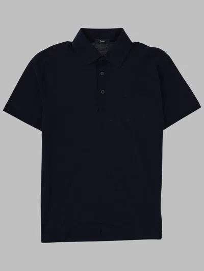 Herno Black Short-sleeve Polo With Classic Collar And Three-button Placket In Blue