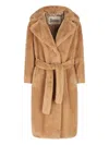Herno Long Faux Fur Coat With Belted Waist In Brown