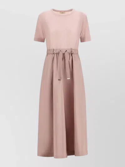 Herno Midi Dress Short Sleeves Round Neckline Drawstring In Pink
