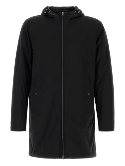 Herno Stretch Nylon Parka With Hood And Pockets In Black