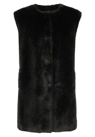 Herno Mid-length Faux Fur Vest With Concealed Closure And Welt Pockets In Black